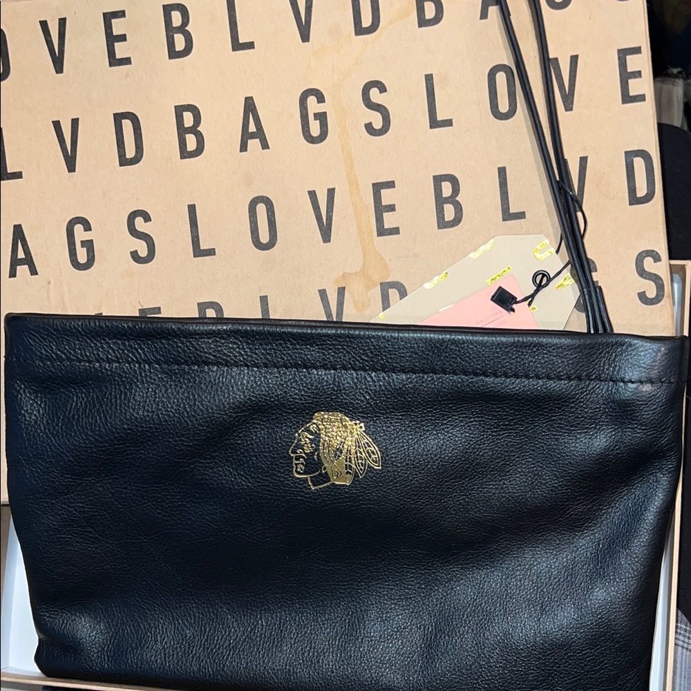 LOVE BLVD BAGS Black Leather Clutch with Gold Embossed Indian Logo